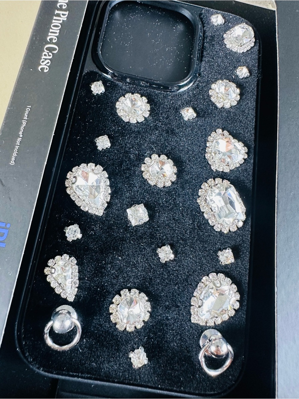 iPhone 15 Pro Black Crystal-Embellished Phone Case with Ring Attachments - Picture 6 of 6